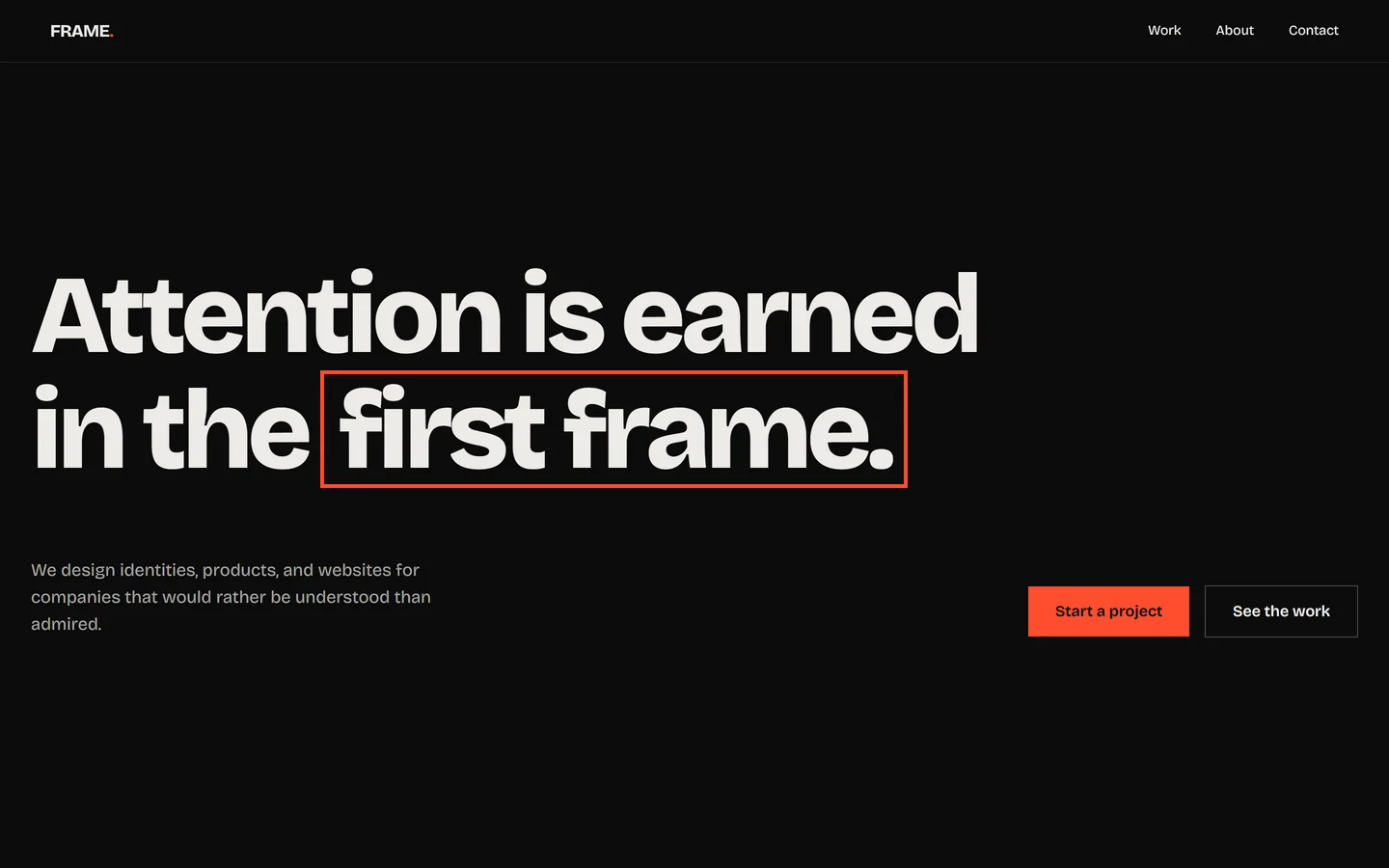FRAME portfolio — hero statement typography
