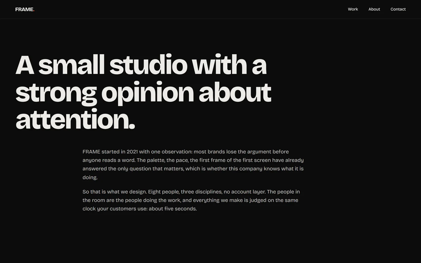 FRAME portfolio — the studio about page