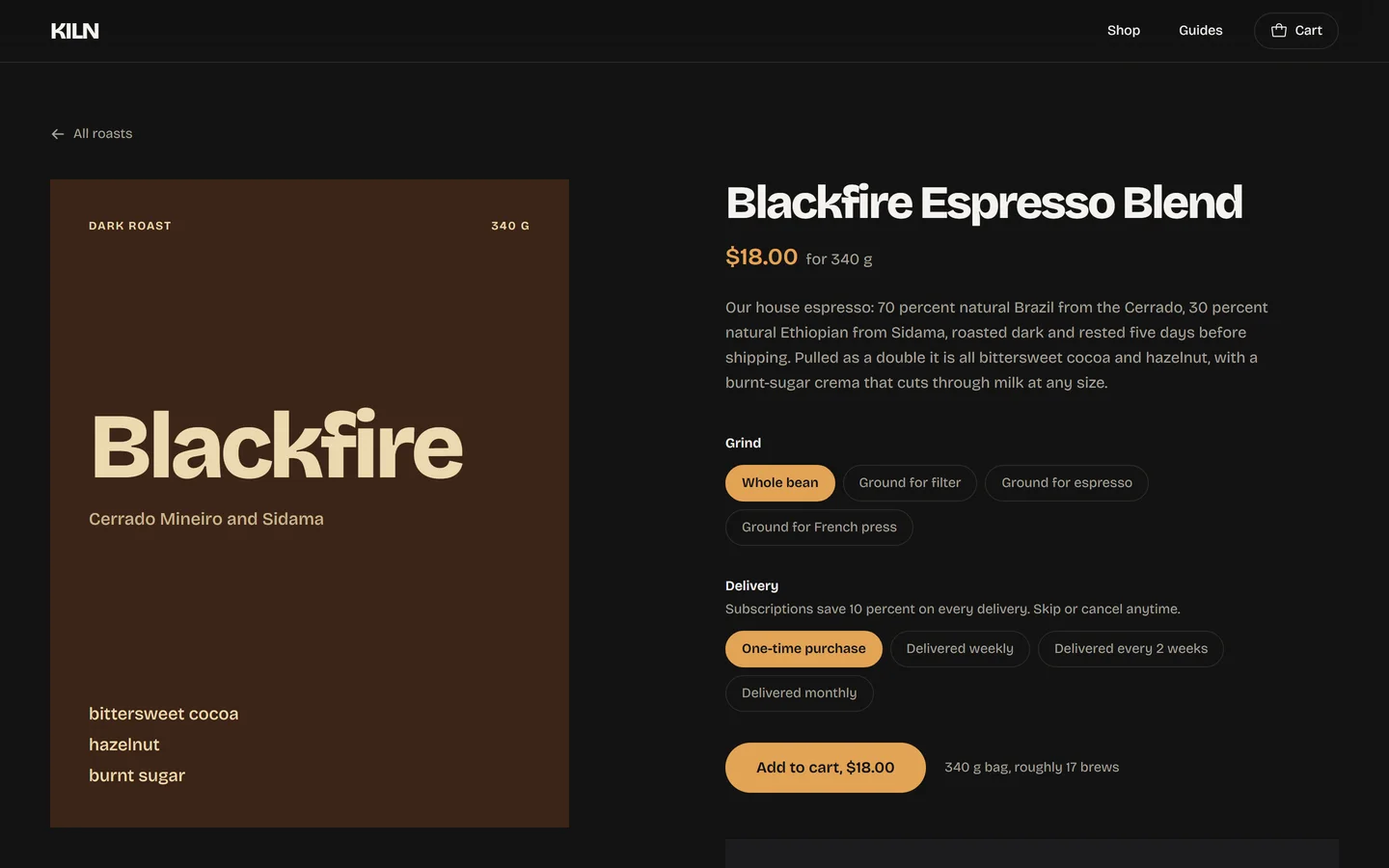 KILN store — Blackfire espresso product page with grind and delivery options