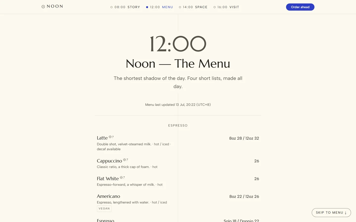 NOON site — the 12:00 menu chapter, fed live from the counter