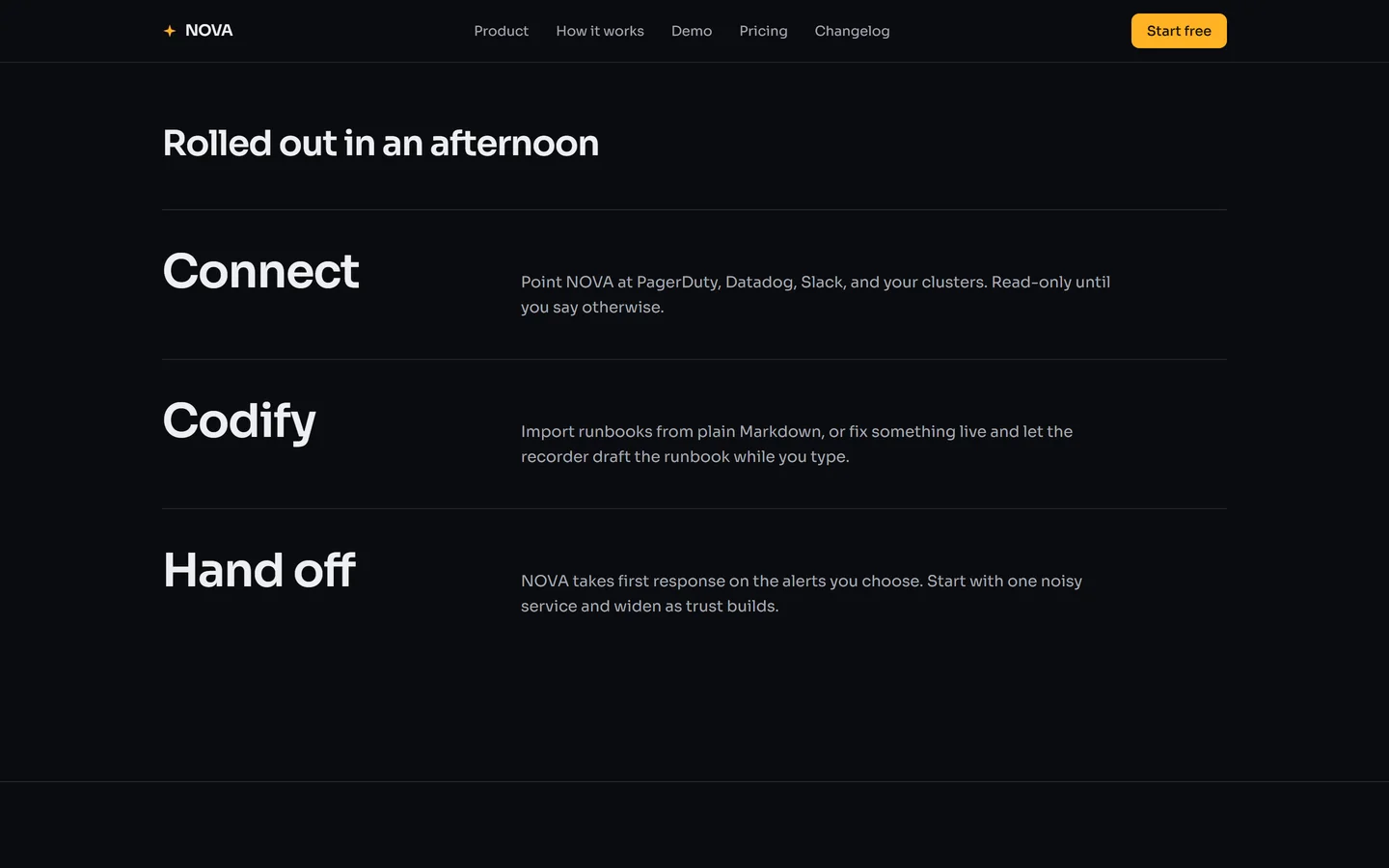 NOVA marketing site — the three-step onboarding section