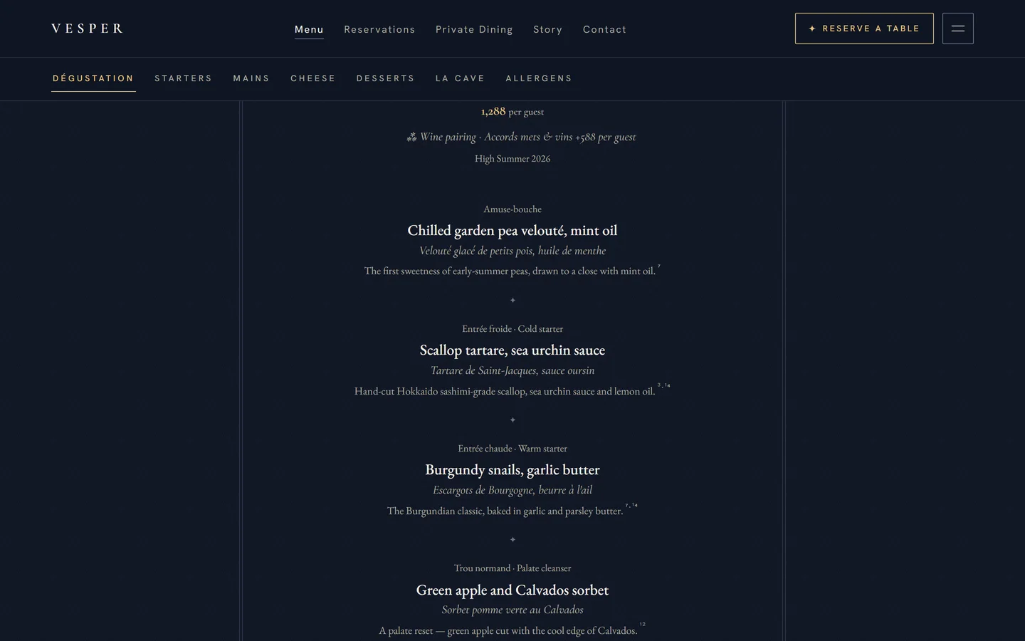 VESPER site — the dégustation menu, fed live from the kitchen's API