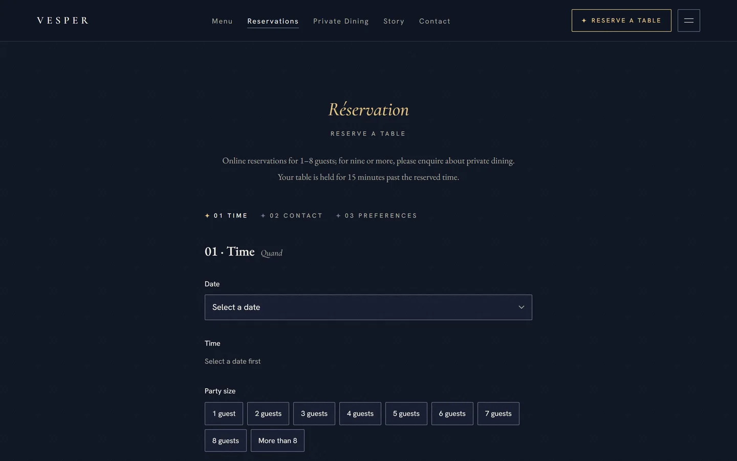 VESPER site — step one of the reservation flow